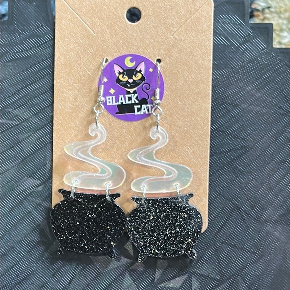 Handmade Glittery Black Witches Cauldron Earrings Spooky Cute Halloween Fall NWT - Picture 1 of 5